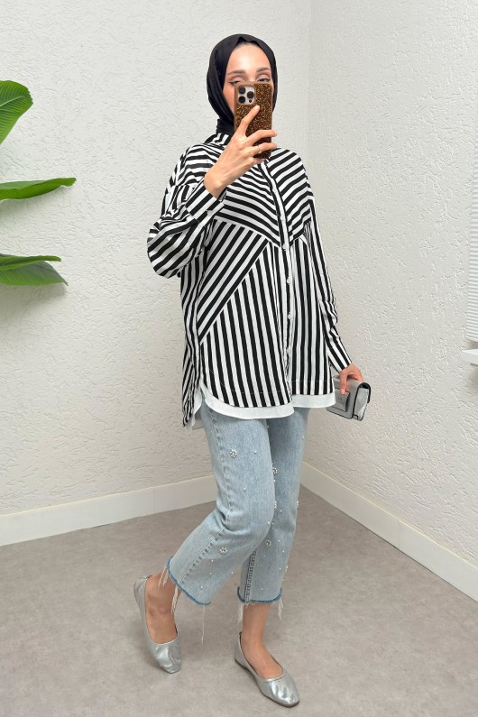 Asimetrik Çizgili Tesettür Gömlek 2267 - SİYAH