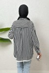Asimetrik Çizgili Tesettür Gömlek 2267 - SİYAH