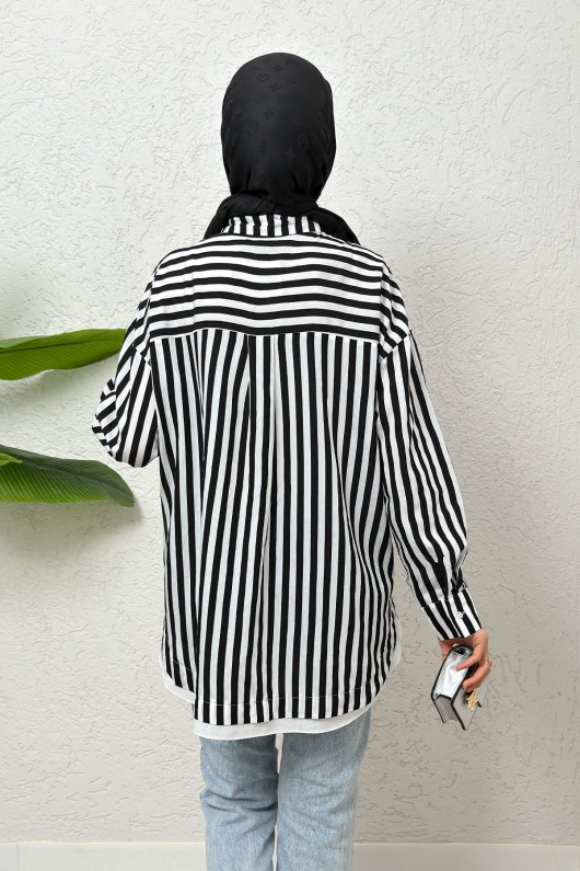 Asimetrik Çizgili Tesettür Gömlek 2267 - SİYAH