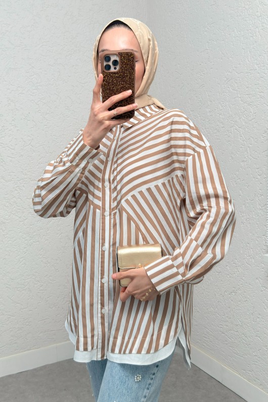 Asimetrik Çizgili Tesettür Gömlek 2267 - VİZON