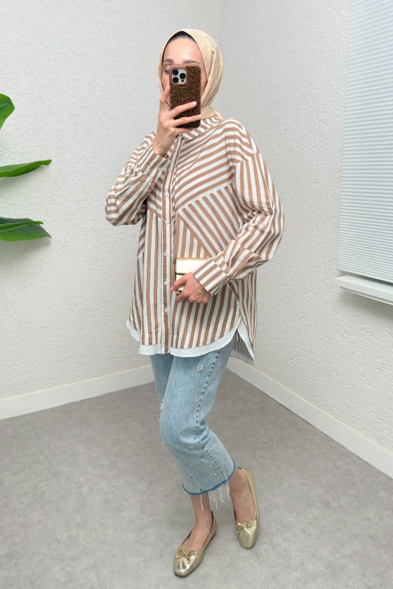 Asimetrik Çizgili Tesettür Gömlek 2267 - VİZON