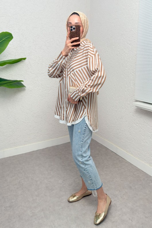 Asimetrik Çizgili Tesettür Gömlek 2267 - VİZON