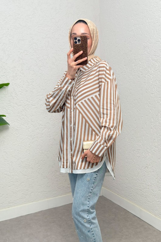 Asimetrik Çizgili Tesettür Gömlek 2267 - VİZON