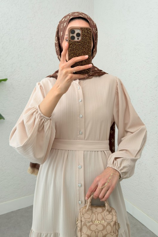 Hakim Yaka Tesettür Elbise 2268 - TAŞ RENGİ Hakim Yaka Tesettür Elbise 2268 - TAŞ RENGİ