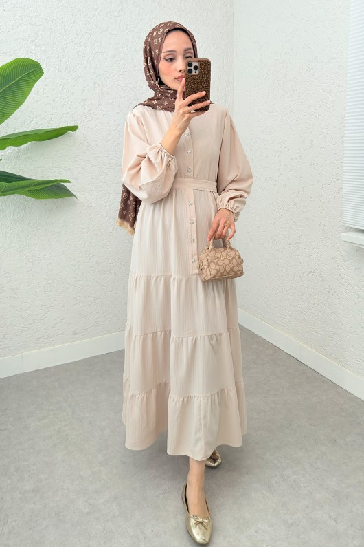 Hakim Yaka Tesettür Elbise 2268 - TAŞ RENGİ Hakim Yaka Tesettür Elbise 2268 - TAŞ RENGİ