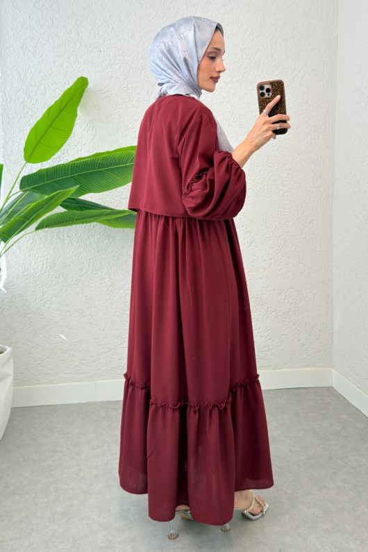 Balon Kol Bolerolu Elbise Takım 2271 - BORDO Balon Kol Bolerolu Elbise Takım 2271 - BORDO