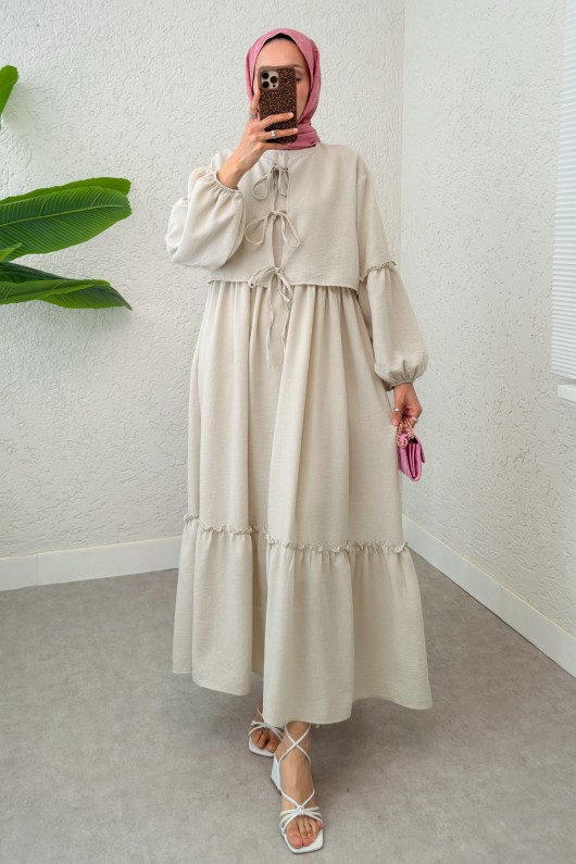 Balon Kol Bolerolu Elbise Takım 2271 - TAŞ RENGİ