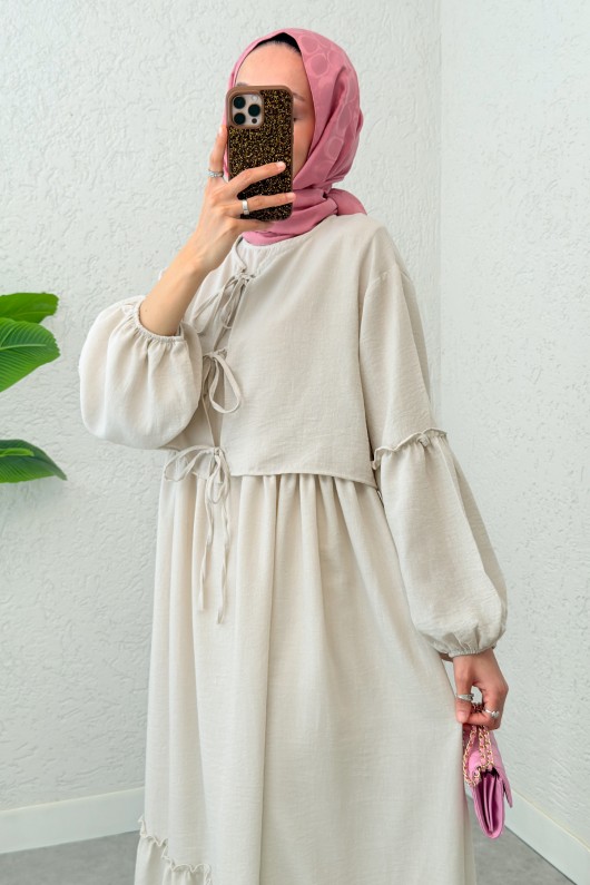 Balon Kol Bolerolu Elbise Takım 2271 - TAŞ RENGİ