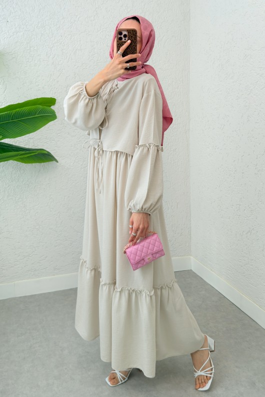 Balon Kol Bolerolu Elbise Takım 2271 - TAŞ RENGİ