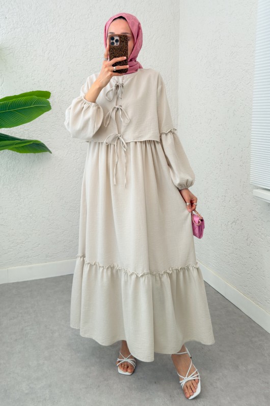 Balon Kol Bolerolu Elbise Takım 2271 - TAŞ RENGİ