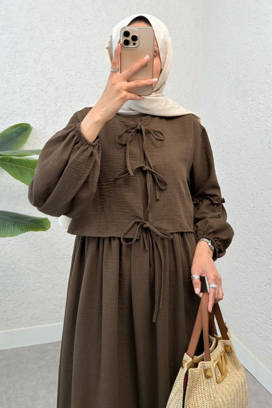 Balon Kol Bolerolu Elbise Takım 2271 - KAHVERENGİ