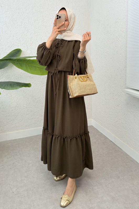 Balon Kol Bolerolu Elbise Takım 2271 - KAHVERENGİ