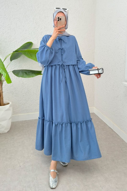 Balon Kol Bolerolu Elbise Takım 2271 - MAVİ Balon Kol Bolerolu Elbise Takım 2271 - MAVİ