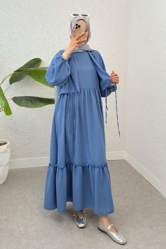 Balon Kol Bolerolu Elbise Takım 2271 - MAVİ Balon Kol Bolerolu Elbise Takım 2271 - MAVİ