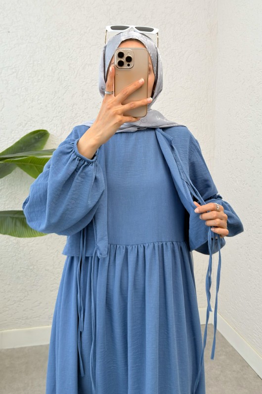 Balon Kol Bolerolu Elbise Takım 2271 - MAVİ Balon Kol Bolerolu Elbise Takım 2271 - MAVİ