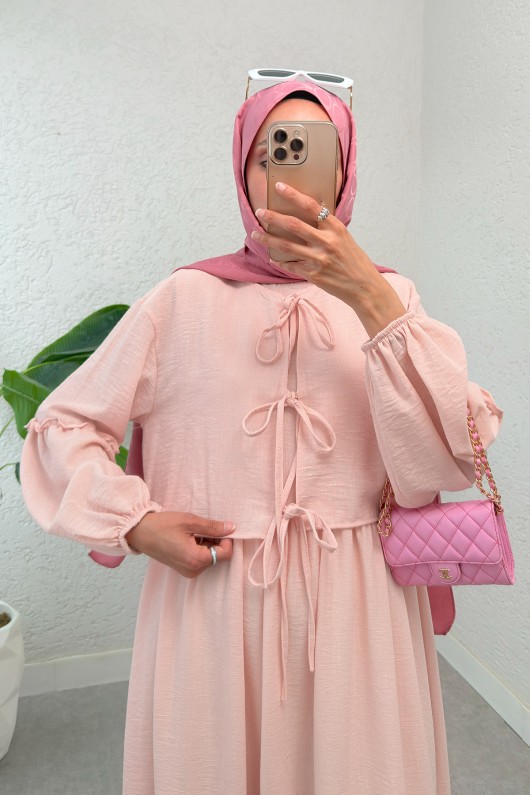 Balon Kol Bolerolu Elbise Takım 2271 - PUDRA Balon Kol Bolerolu Elbise Takım 2271 - PUDRA