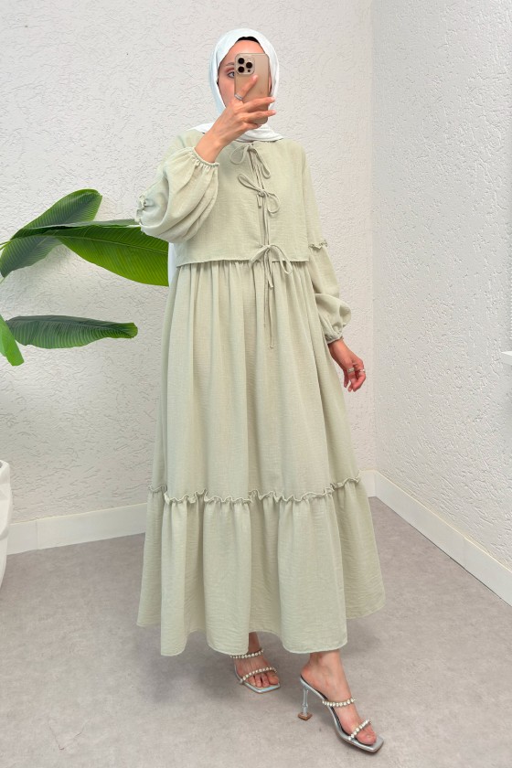 Balon Kol Bolerolu Elbise Takım 2271 - SU YEŞİLİ