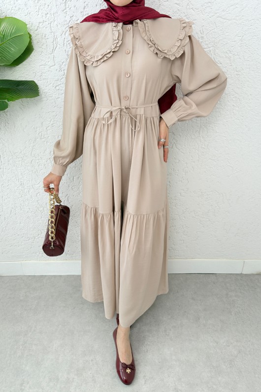 Çift Bebe Yaka Tesettür Elbise 2274 - BEJ