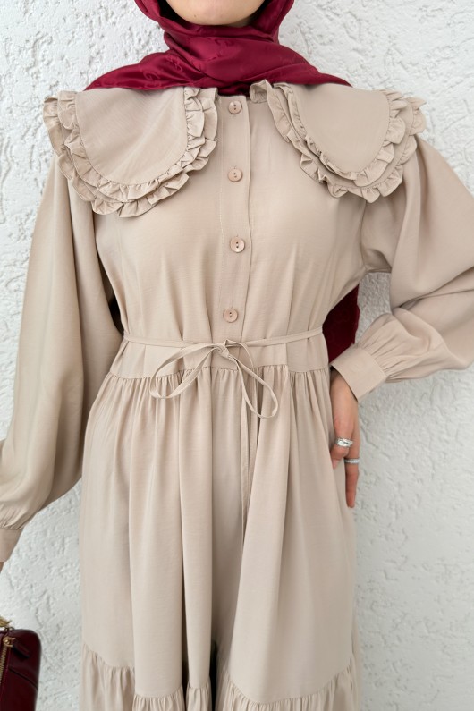 Çift Bebe Yaka Tesettür Elbise 2274 - BEJ