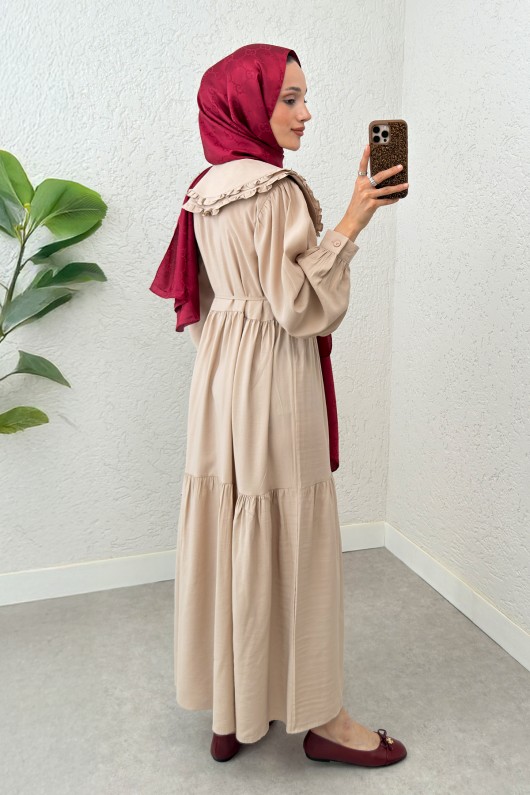 Çift Bebe Yaka Tesettür Elbise 2274 - BEJ