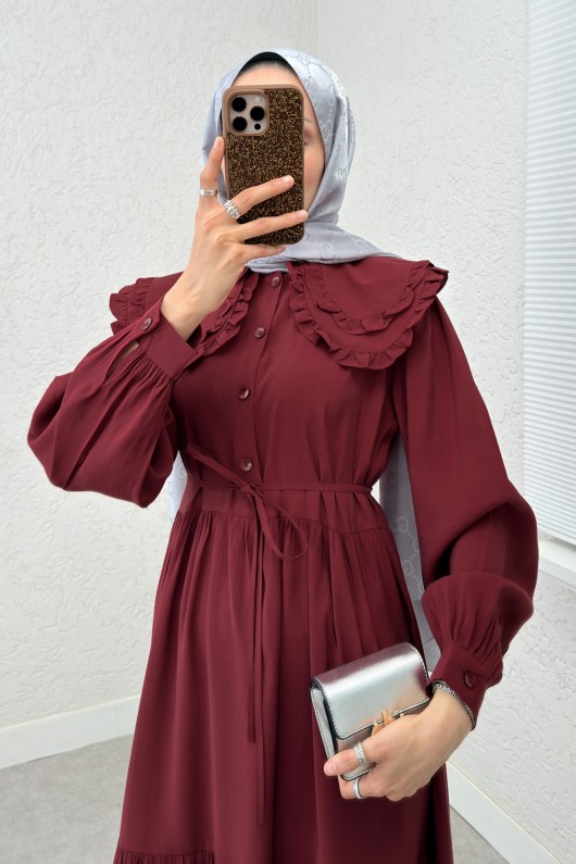 Çift Bebe Yaka Tesettür Elbise 2274 - BORDO Çift Bebe Yaka Tesettür Elbise 2274 - BORDO
