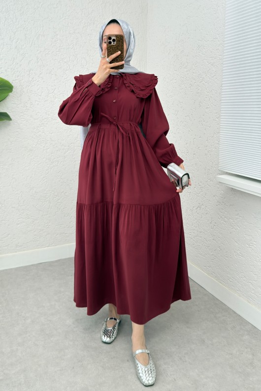Çift Bebe Yaka Tesettür Elbise 2274 - BORDO Çift Bebe Yaka Tesettür Elbise 2274 - BORDO