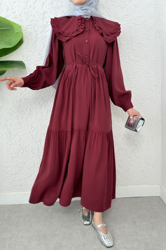 Çift Bebe Yaka Tesettür Elbise 2274 - BORDO Çift Bebe Yaka Tesettür Elbise 2274 - BORDO