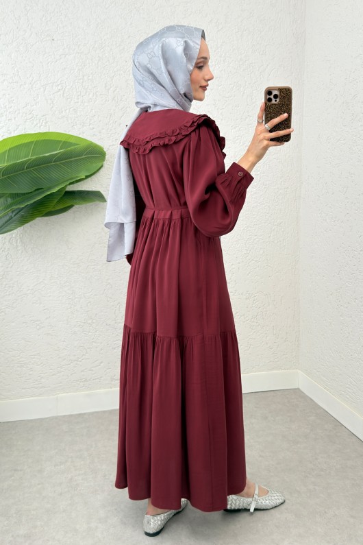 Çift Bebe Yaka Tesettür Elbise 2274 - BORDO Çift Bebe Yaka Tesettür Elbise 2274 - BORDO