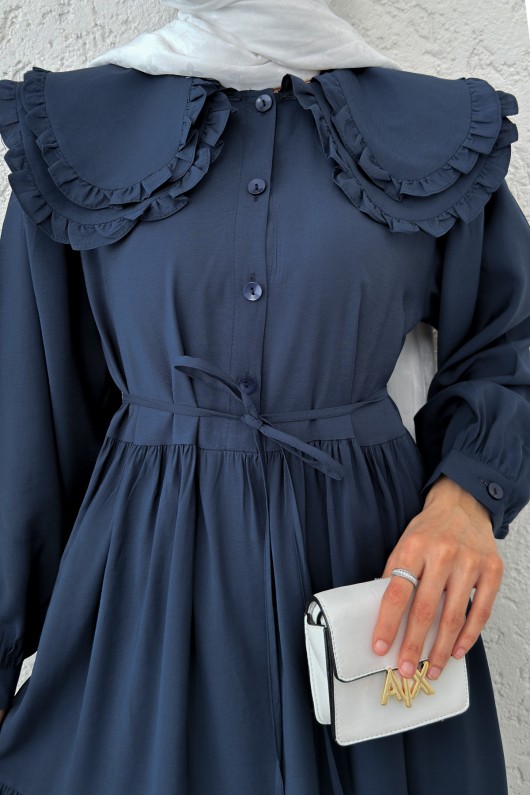 Çift Bebe Yaka Tesettür Elbise 2274 - LACİVERT Çift Bebe Yaka Tesettür Elbise 2274 - LACİVERT