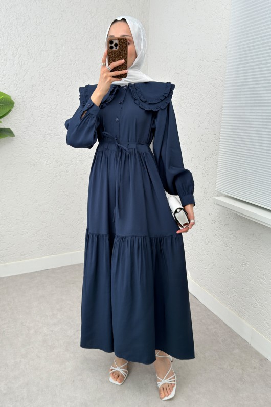 Çift Bebe Yaka Tesettür Elbise 2274 - LACİVERT Çift Bebe Yaka Tesettür Elbise 2274 - LACİVERT