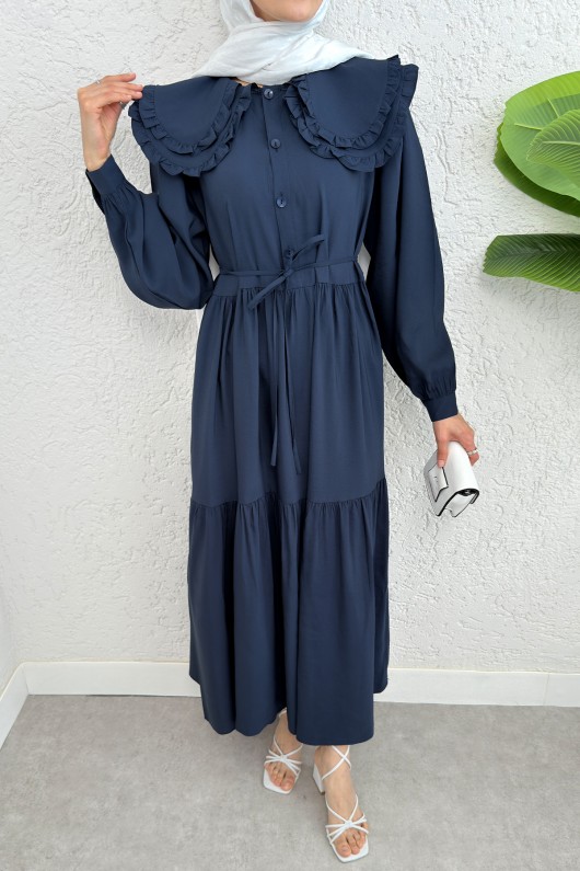 Çift Bebe Yaka Tesettür Elbise 2274 - LACİVERT Çift Bebe Yaka Tesettür Elbise 2274 - LACİVERT