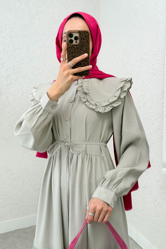 Çift Bebe Yaka Tesettür Elbise 2274 - TAŞ RENGİ