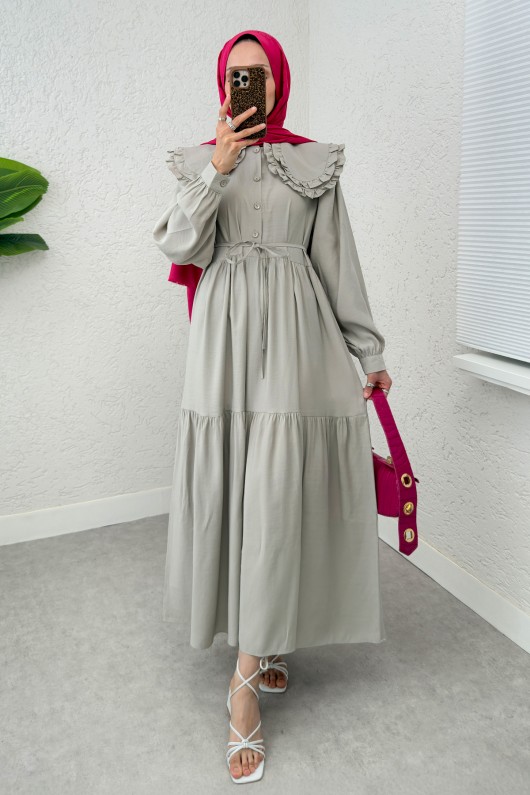 Çift Bebe Yaka Tesettür Elbise 2274 - TAŞ RENGİ