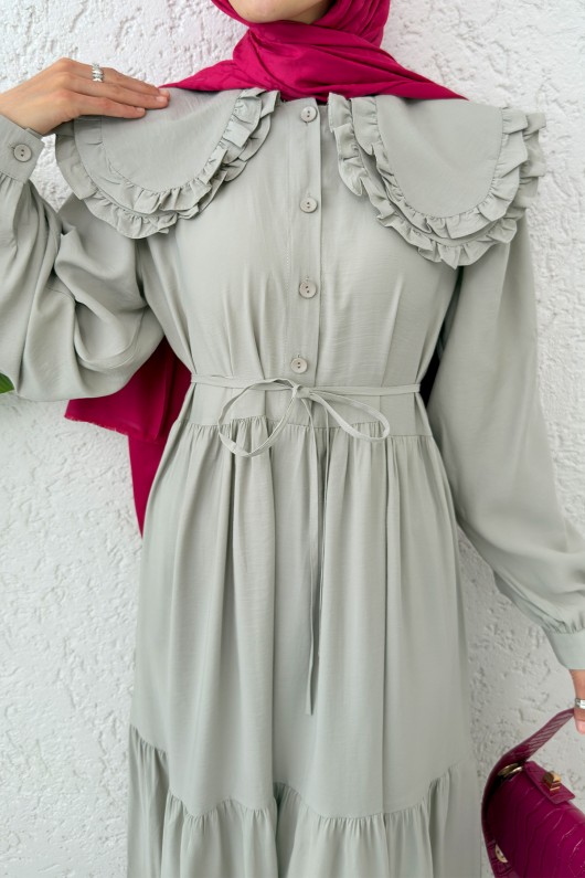 Çift Bebe Yaka Tesettür Elbise 2274 - TAŞ RENGİ