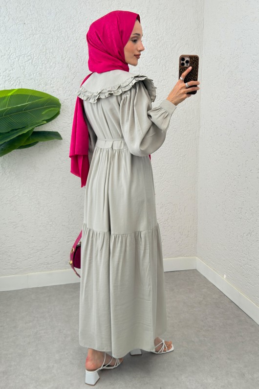Çift Bebe Yaka Tesettür Elbise 2274 - TAŞ RENGİ