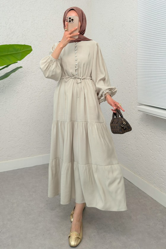 Büzgü Bağcıklı Elbise 2275 - BEJ