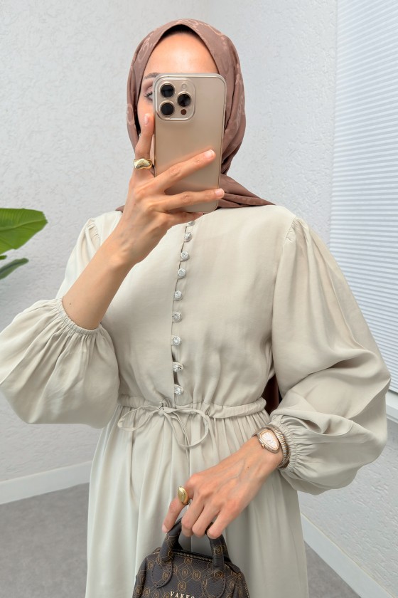 Büzgü Bağcıklı Elbise 2275 - BEJ Büzgü Bağcıklı Elbise 2275 - BEJ