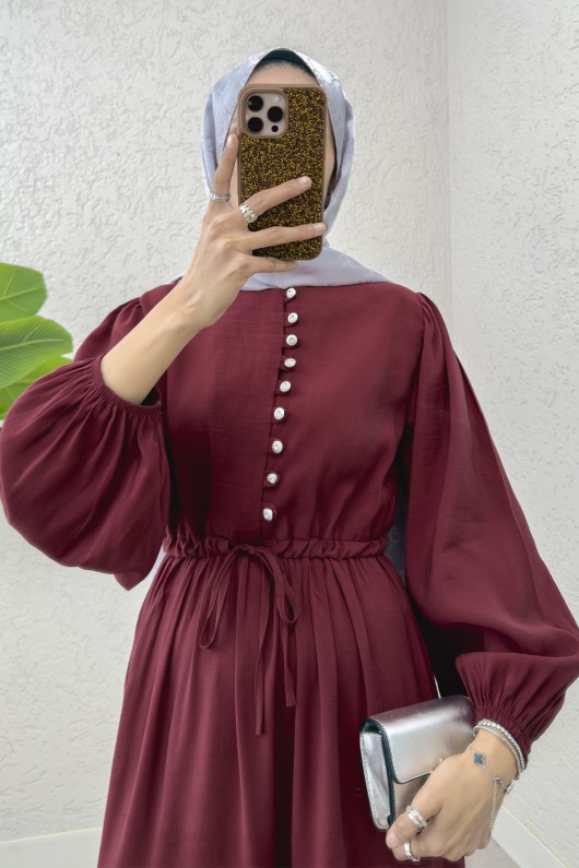 Büzgü Bağcıklı Elbise 2275 - BORDO