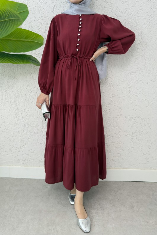 Büzgü Bağcıklı Elbise 2275 - BORDO