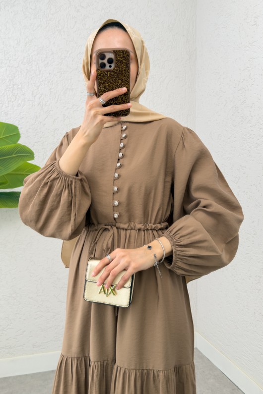 Büzgü Bağcıklı Elbise 2275 - FINDIK KAHVE