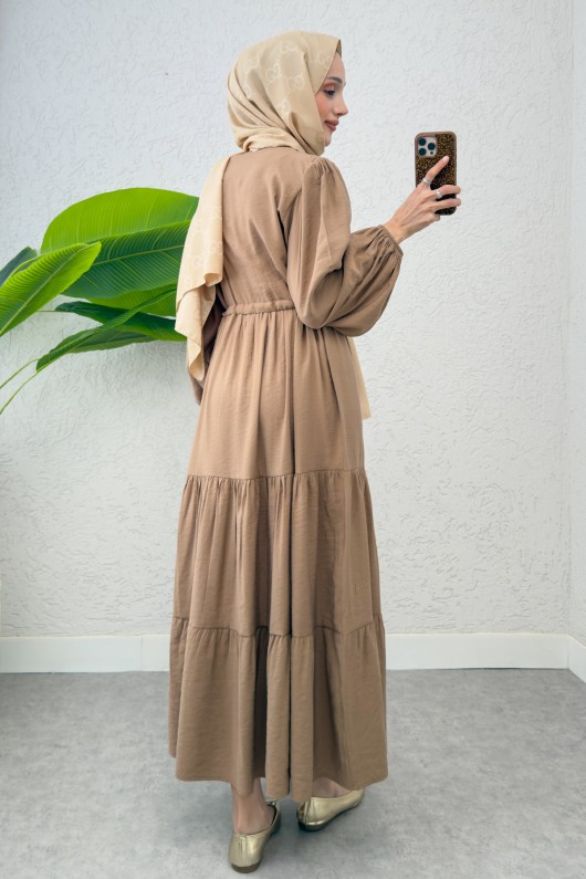 Büzgü Bağcıklı Elbise 2275 - FINDIK KAHVE