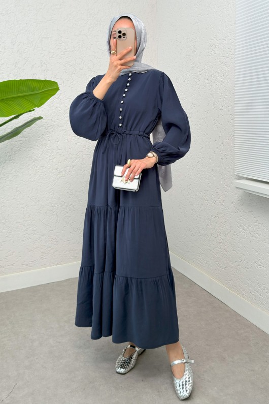 Büzgü Bağcıklı Elbise 2275 - LACİVERT