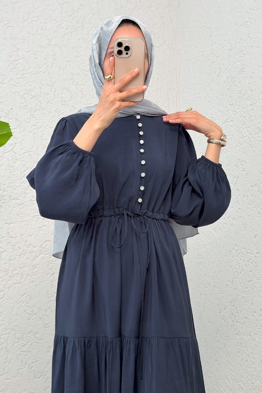 Büzgü Bağcıklı Elbise 2275 - LACİVERT