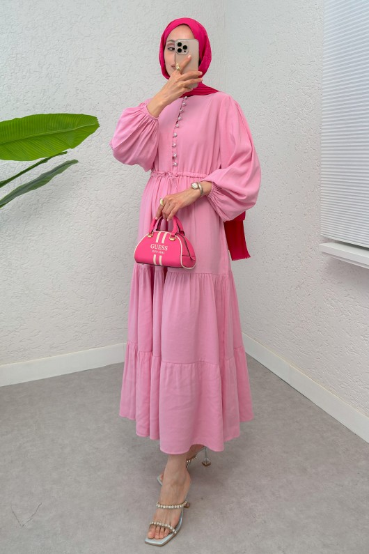 Büzgü Bağcıklı Elbise 2275 - PEMBE