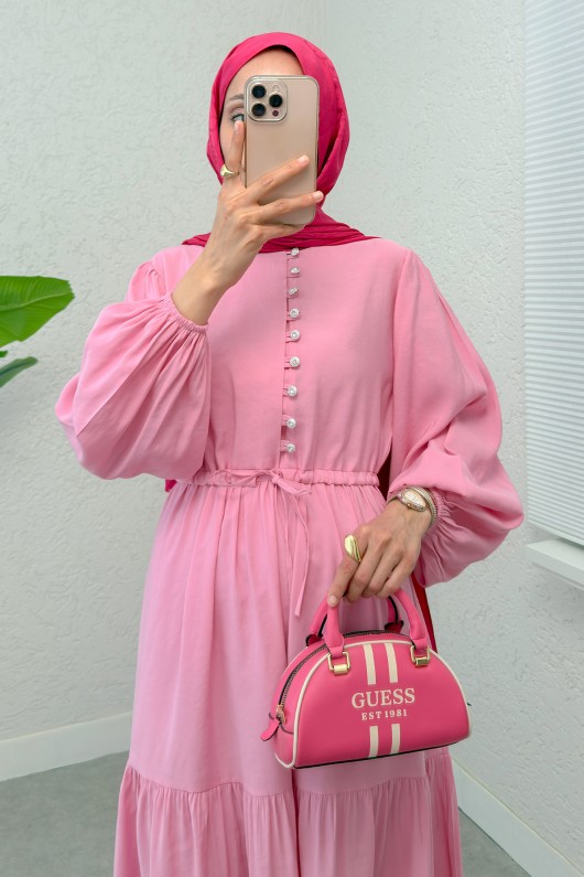 Büzgü Bağcıklı Elbise 2275 - PEMBE