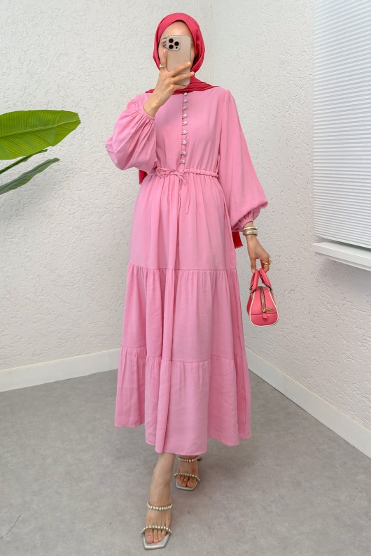 Büzgü Bağcıklı Elbise 2275 - PEMBE