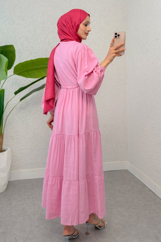 Büzgü Bağcıklı Elbise 2275 - PEMBE
