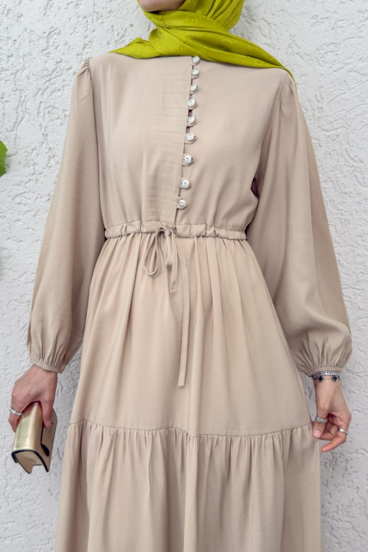 Büzgü Bağcıklı Elbise 2275 - ŞEFTALİ SARI