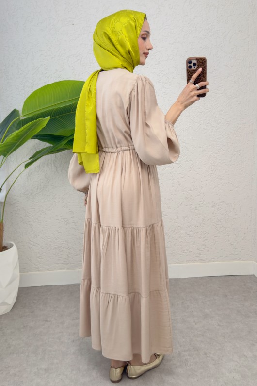 Büzgü Bağcıklı Elbise 2275 - ŞEFTALİ SARI