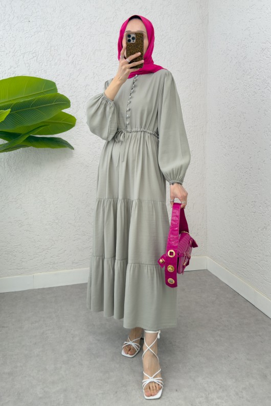 Büzgü Bağcıklı Elbise 2275 - TAŞ RENGİ